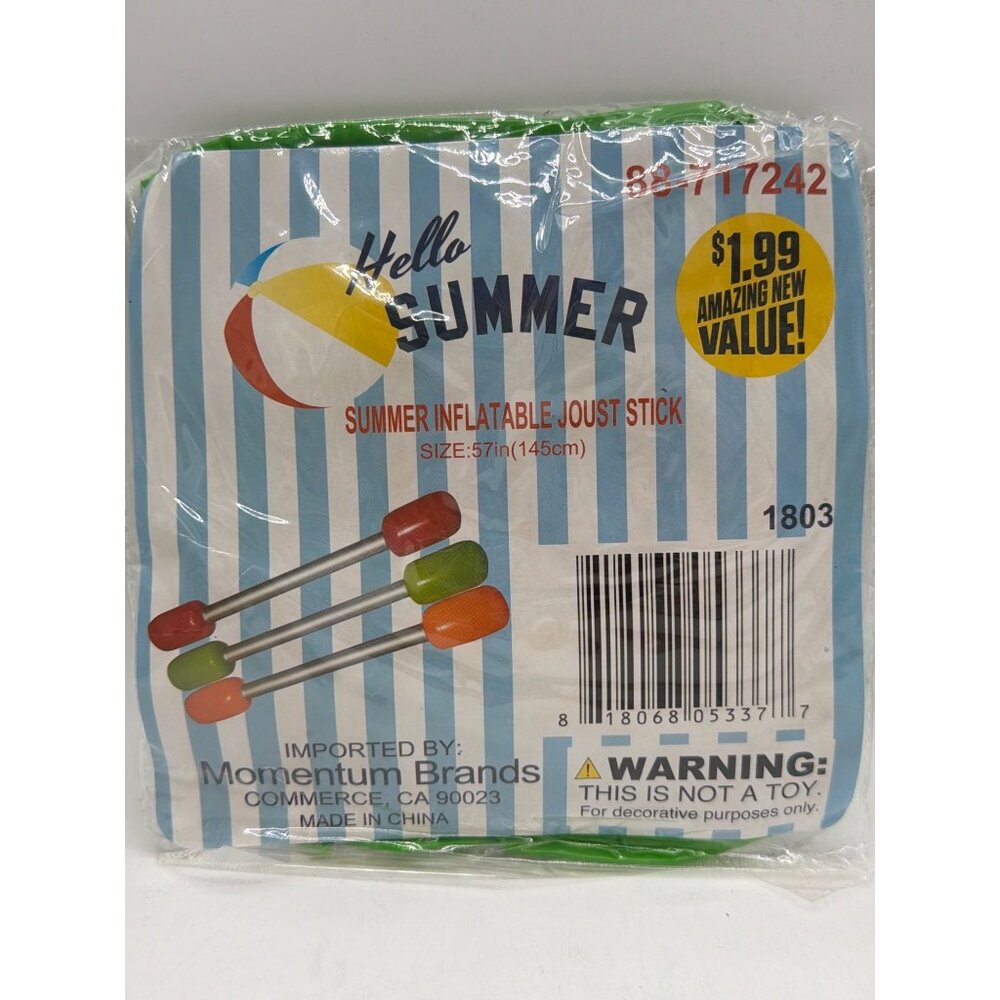 Hello Summer Inflatable Joust Stick 57in / 145cm Green & Multicolor Fun For Pool
